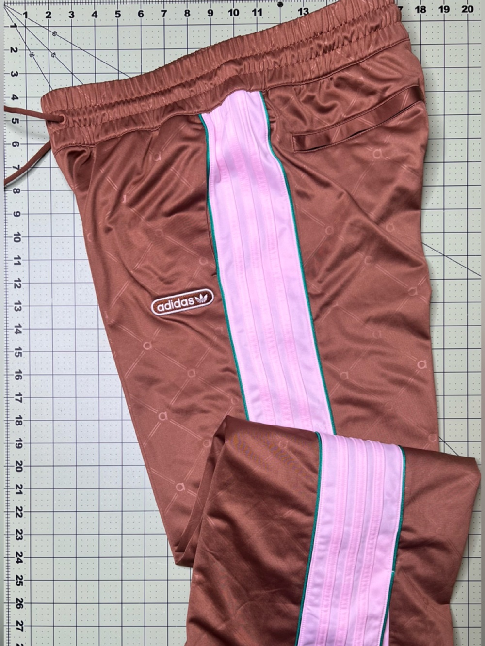 Adidas Original Retro Luxury Brown Wide Leg track pants with Pink and Green Trim